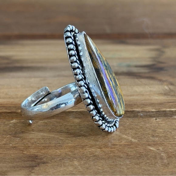 Vintage Style Genuine Lion Skin Jasper Gemstone Ring Size 8.75 Silver Plated - Picture 3 of 4